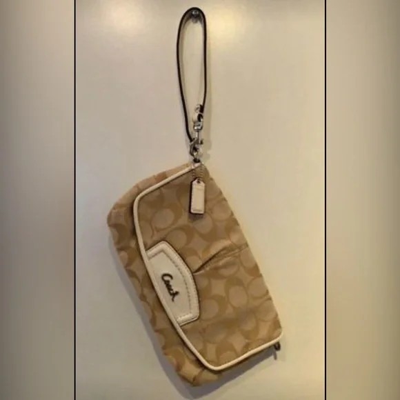 Coach Cream Tan Canvas Leather Trimmed Wristlet Wallet - Picture 2 of 9